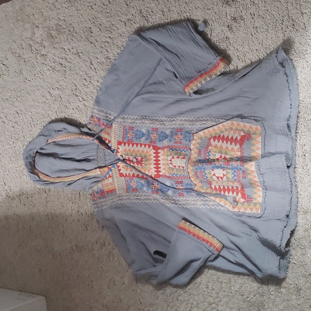 Embroidered Johnny Was Hooded Lightweight Blouse  Tunic XL Front Pocket